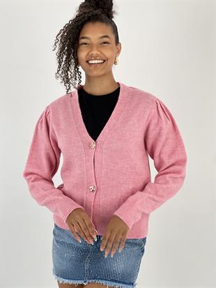 Kadın Düğmeli Kısa Kesim Pembe Hırka