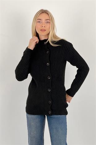 Kadın Düğmeli Uzun Kollu Kışlık Fitilli Siyah Triko Hırka