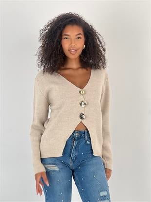 Kadın Düğmeli V Yaka Taş Triko Hırka