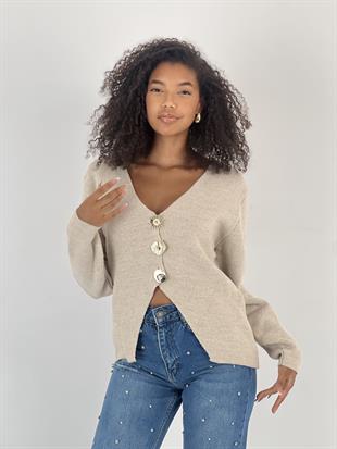 Kadın Düğmeli V Yaka Taş Triko Hırka