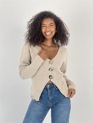 Kadın Düğmeli V Yaka Taş Triko Hırka