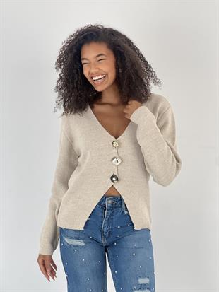 Kadın Düğmeli V Yaka Taş Triko Hırka