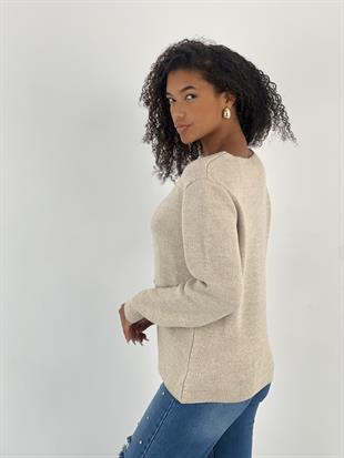 Kadın Düğmeli V Yaka Taş Triko Hırka