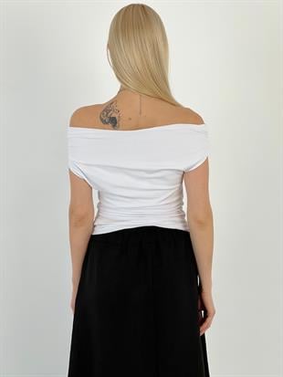 Kadın Düşük Omuz Büzgülü Beyaz Tişört