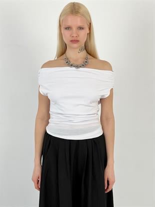 Kadın Düşük Omuz Büzgülü Beyaz Tişört