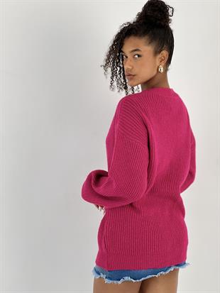 Kadın Düşük omuzlu V yaka Fuşya Triko hırka