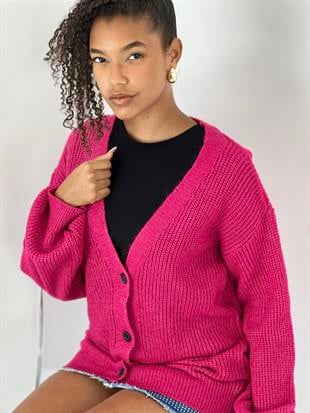 Kadın Düşük omuzlu V yaka Fuşya Triko hırka