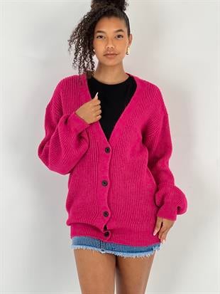 Kadın Düşük omuzlu V yaka Fuşya Triko hırka