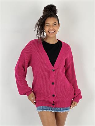 Kadın Düşük omuzlu V yaka Fuşya Triko hırka