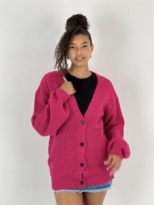 Kadın Düşük omuzlu V yaka Fuşya Triko hırka