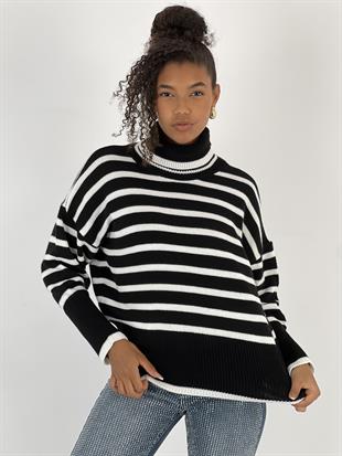 Kadın Ekru Çizgili Balıkçı Yaka Kazak