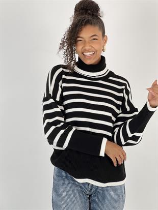 Kadın Ekru Çizgili Balıkçı Yaka Kazak