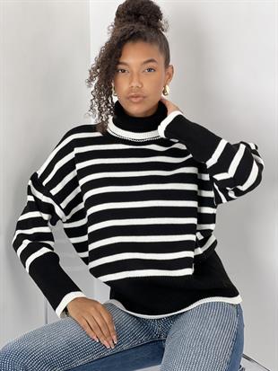 Kadın Ekru Çizgili Balıkçı Yaka Kazak