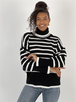 Kadın Ekru Çizgili Balıkçı Yaka Kazak