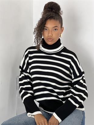 Kadın Ekru Çizgili Balıkçı Yaka Kazak