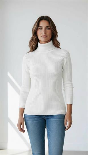 Kadın Ekru Fitilli Balıkçı Yaka Slim Fit Triko Kazak