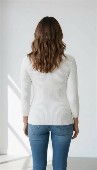 Kadın Ekru Fitilli Balıkçı Yaka Slim Fit Triko Kazak