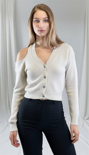 Kadın Ekru V Yaka Triko Hırka 