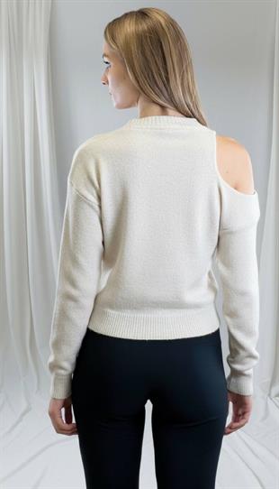 Kadın Ekru V Yaka Triko Hırka 