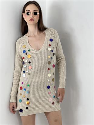 Kadın El İşlemeli Pul Detaylı Triko Elbise Taş Rengi