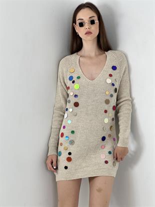 Kadın El İşlemeli Pul Detaylı Triko Elbise Taş Rengi