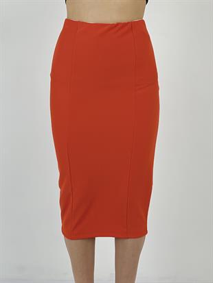 Kadın Fitilli Oranj Midi Boy Kalem Etek