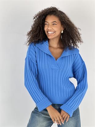 Kadın Fitilli Polo Yaka Mavi Triko Kazak