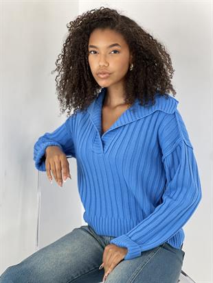 Kadın Fitilli Polo Yaka Mavi Triko Kazak