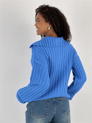 Kadın Fitilli Polo Yaka Mavi Triko Kazak