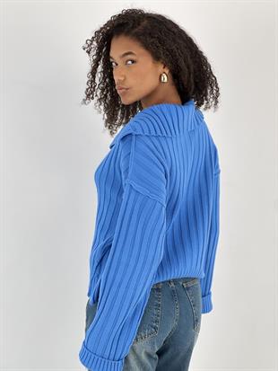 Kadın Fitilli Polo Yaka Mavi Triko Kazak