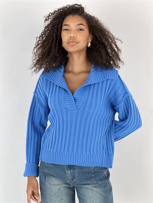 Kadın Fitilli Polo Yaka Mavi Triko Kazak