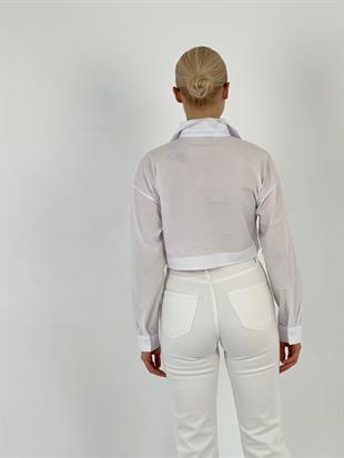 Kadın Fiyonk Detaylı Beyaz Crop Gömlek