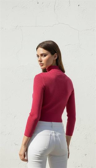 Kadın Fuşya Balıkçı Yaka Fitilli Crop Triko Kazak