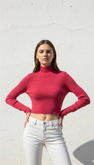 Kadın Fuşya Balıkçı Yaka Fitilli Crop Triko Kazak