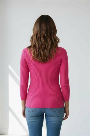 Kadın Fuşya Fitilli Balıkçı Yaka Slim Fit Triko Kazak
