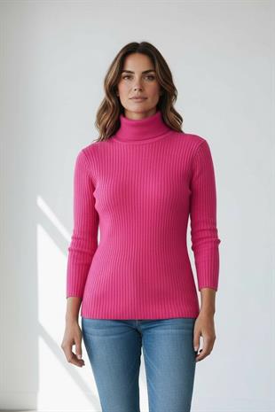 Kadın Fuşya Fitilli Balıkçı Yaka Slim Fit Triko Kazak