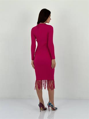 Kadın Fuşya Püskül Detaylı Fitilli Triko Elbise