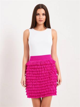 Kadın Fuşya Püsküllü Triko Mini Etek