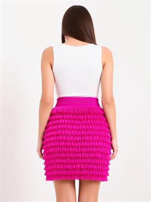 Kadın Fuşya Püsküllü Triko Mini Etek