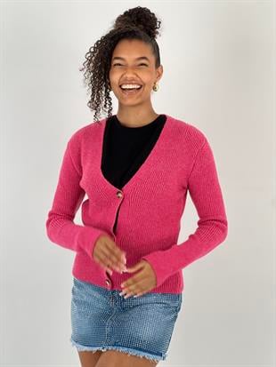 Kadın Fuşya V Yaka Düğmeli Fuşya Fitilli Triko Hırka