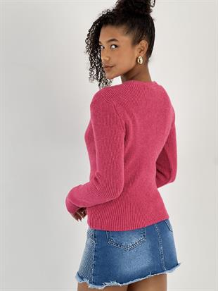 Kadın Fuşya V Yaka Düğmeli Fuşya Fitilli Triko Hırka