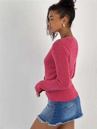 Kadın Fuşya V Yaka Düğmeli Fuşya Fitilli Triko Hırka