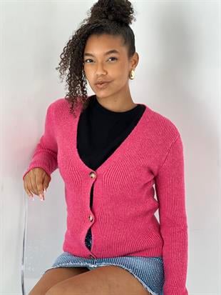 Kadın Fuşya V Yaka Düğmeli Fuşya Fitilli Triko Hırka