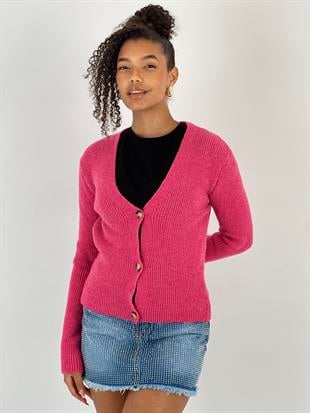 Kadın Fuşya V Yaka Düğmeli Fuşya Fitilli Triko Hırka