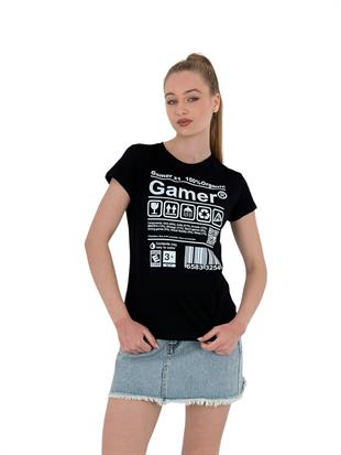 Kadın Gamer Baskılı Kısa Kollu Yazlık Beyaz Tişört