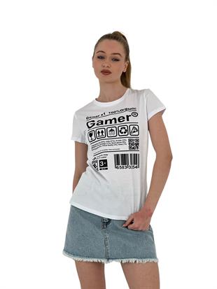 Kadın Gamer Baskılı Kısa Kollu Yazlık Beyaz Tişört