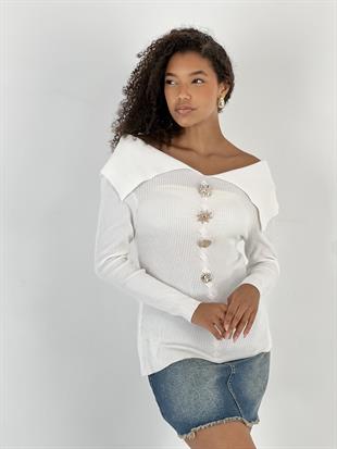 Kadın Geniş Yaka Figür Düğmeli Ekru Triko
