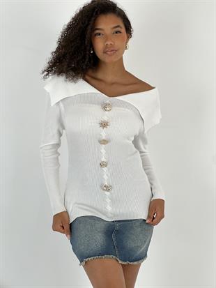 Kadın Geniş Yaka Figür Düğmeli Ekru Triko