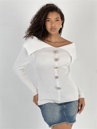 Kadın Geniş Yaka Figür Düğmeli Ekru Triko