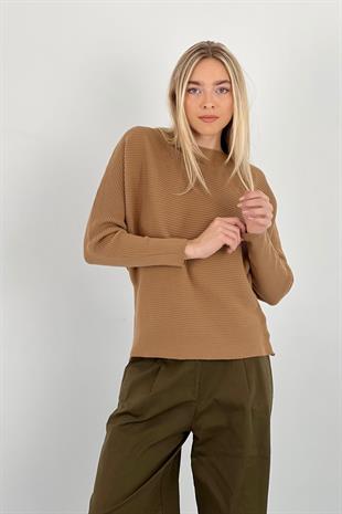 Kadın Geniş Yaka Kışlık Fitilli Uzun Basic Camel Triko Kazak